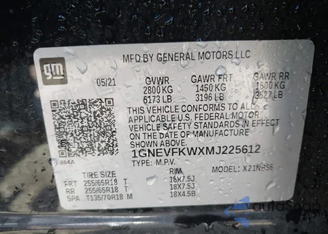 2021 Chevrolet Traverse Awd Ls из США, поврежденный, VIN 1GNEVFKWXMJ225612